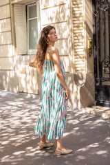 Vestido de rayas verdes y flores rosas Nouna