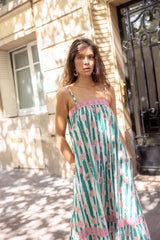 Vestido de rayas verdes y flores rosas Nouna