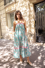Vestido de rayas verdes y flores rosas Nouna
