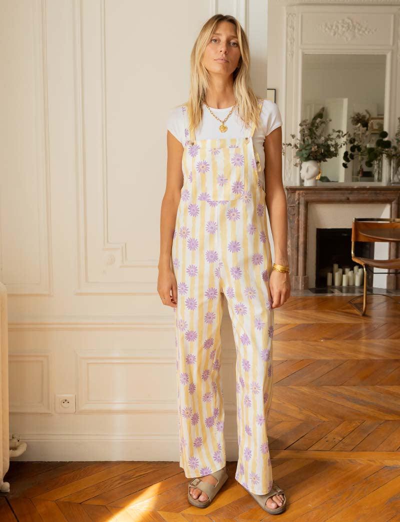 Yellow striped overalls with lilac flowers Joey