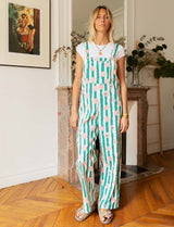 Green striped and pink flower Joey overalls