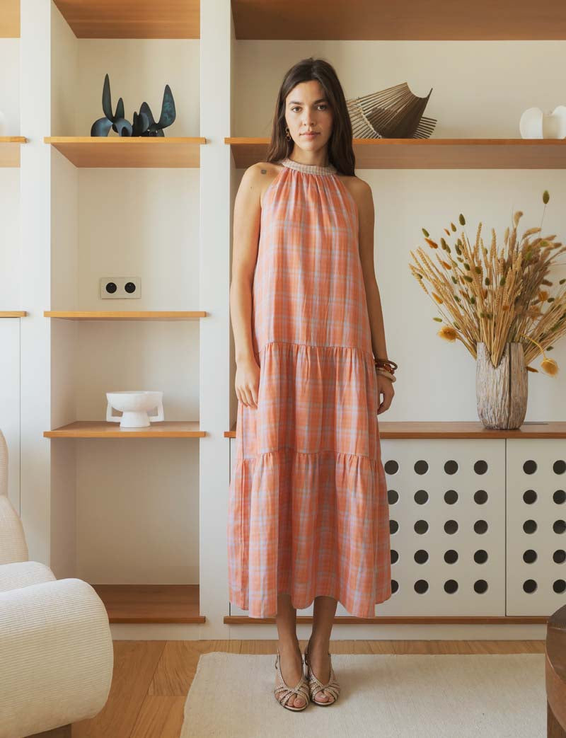 Vestido de cuadros coral Pampa
