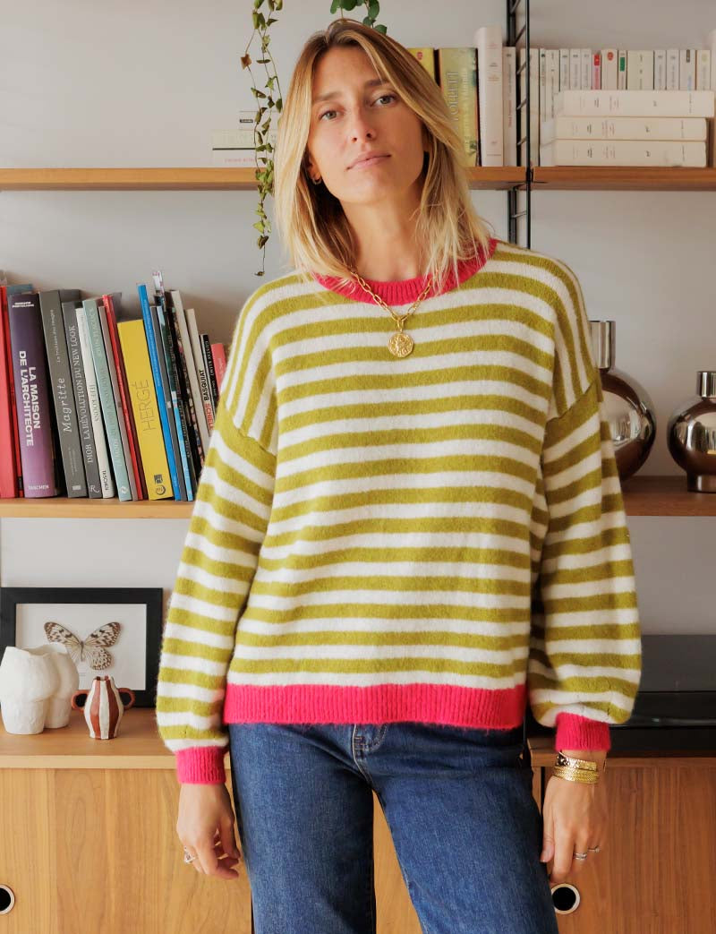 Pull écru, olive & fuchsia Mendi