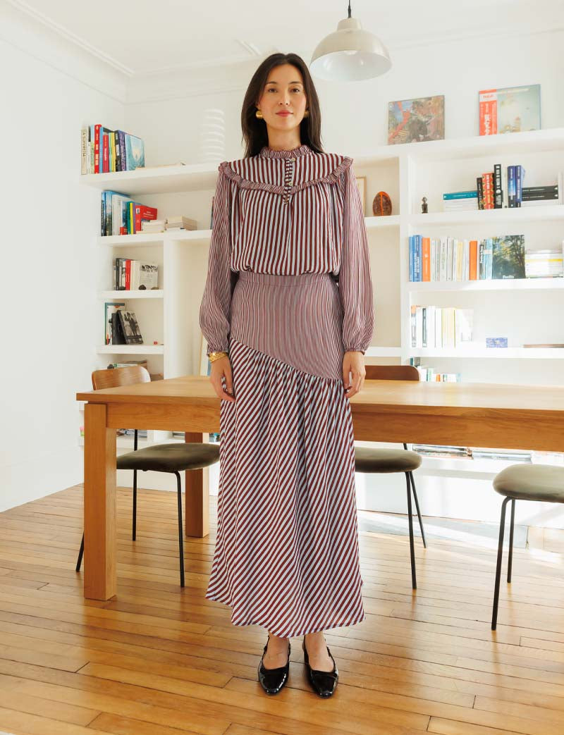Marisol sky blue & burgundy striped skirt