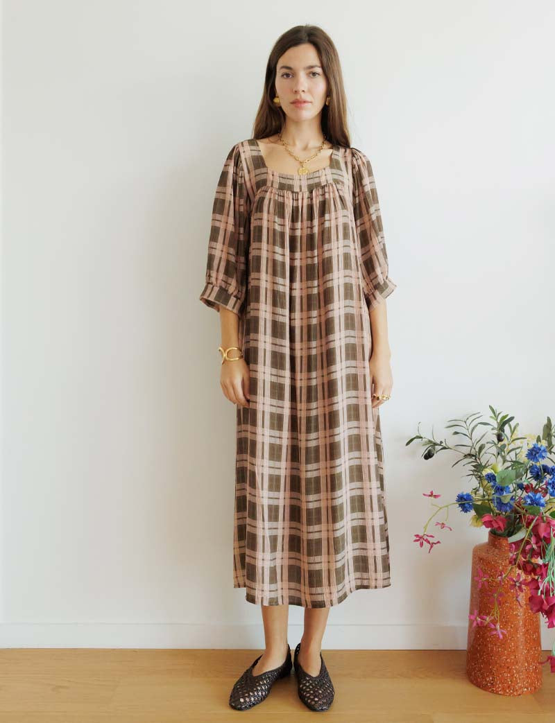 Vestido de cuadros rosa y oliva Florence