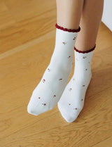 Ecru socks with burgundy flowers Loni
