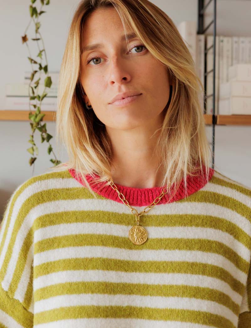 Pull écru, olive & fuchsia Mendi
