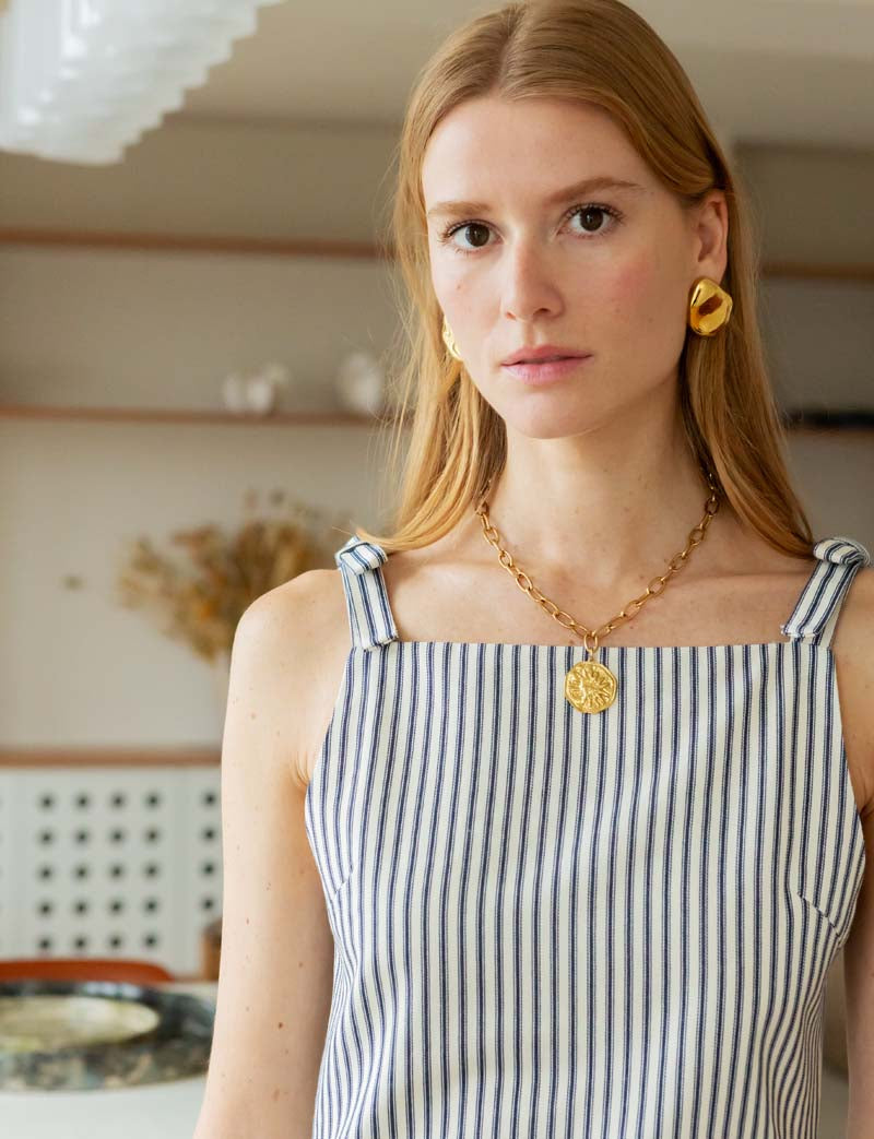 Off-white dress with navy stripes Lucia