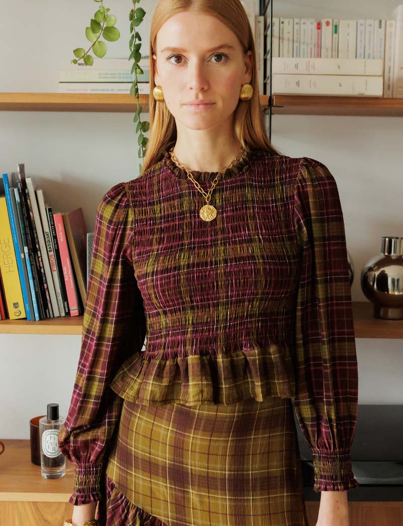 Palomy plum & olive checked blouse