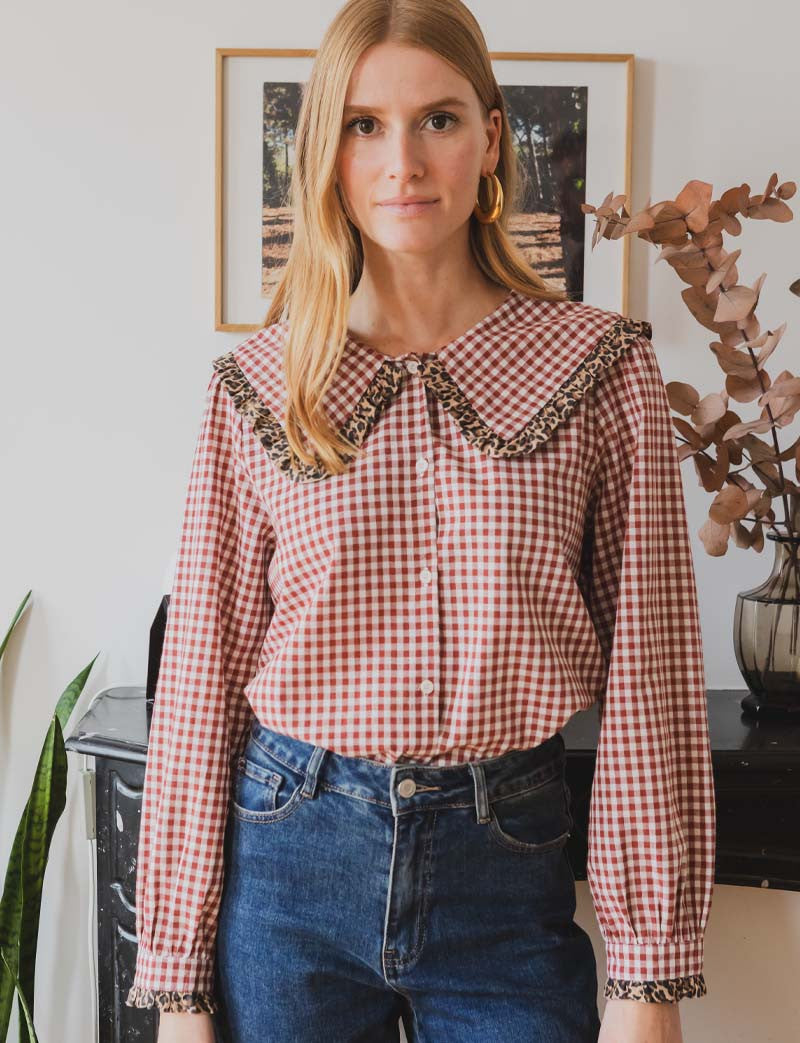 Chemise vichy rouge & léopard Astrid