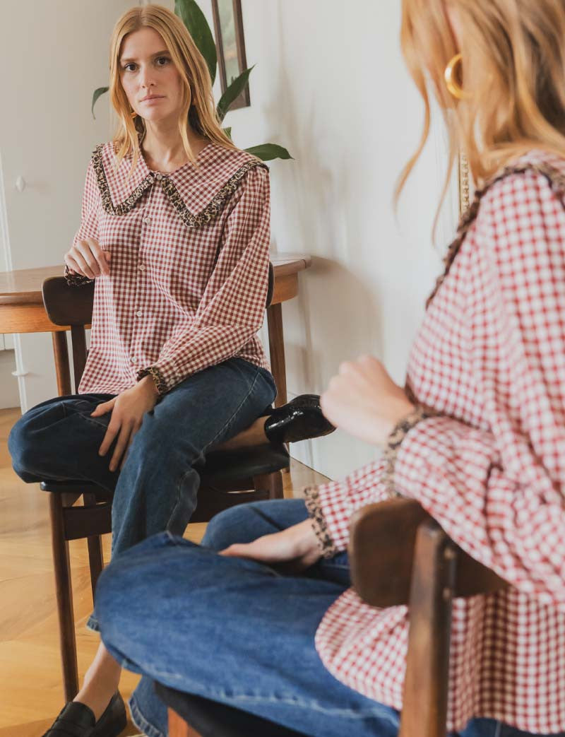 Chemise vichy rouge & léopard Astrid