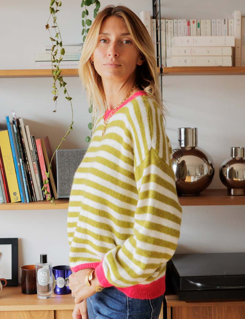 Pull écru, olive & fuchsia Mendi