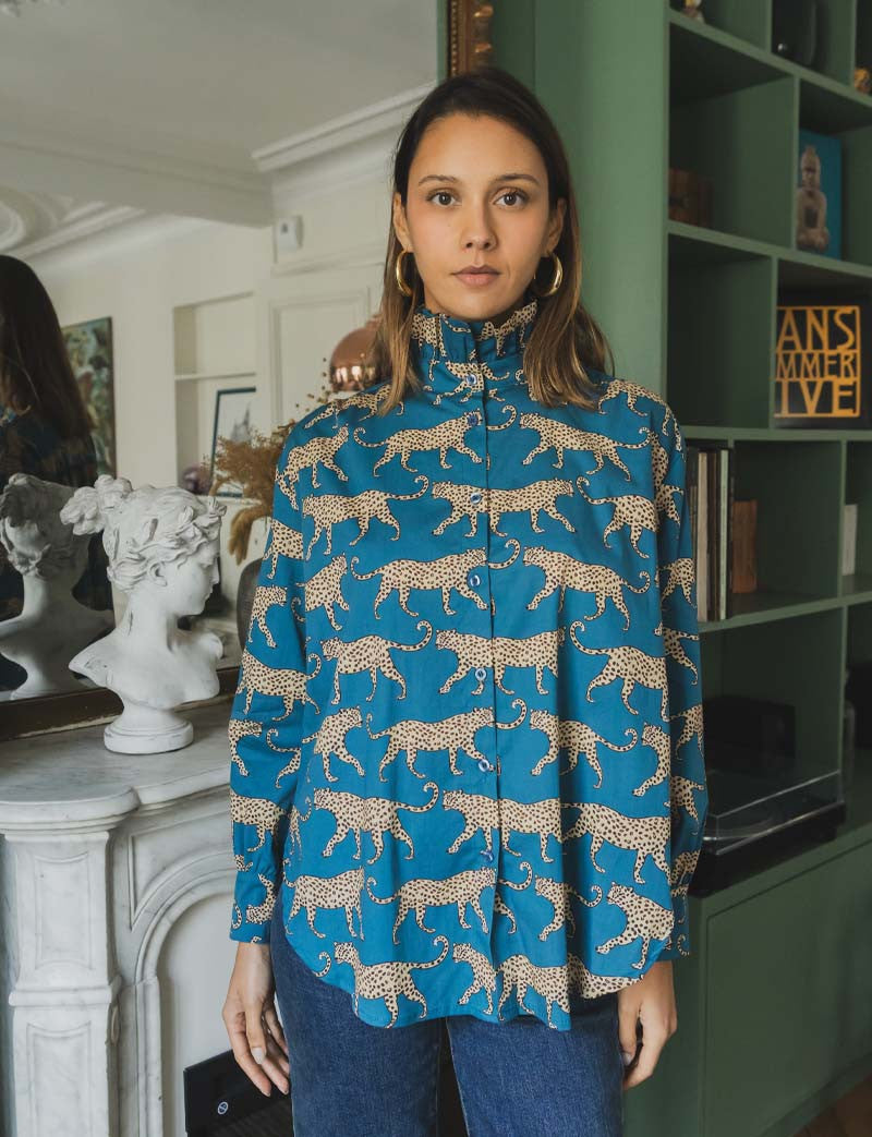 Chemise bleu canard & léopard Zair