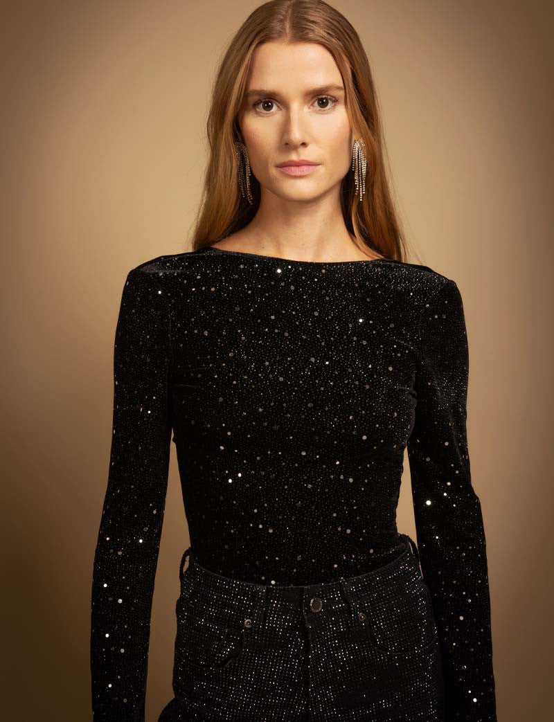 Coco black &amp; silver velvet bodysuit