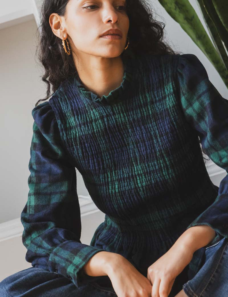 Blouse tartan marine & verte Belys