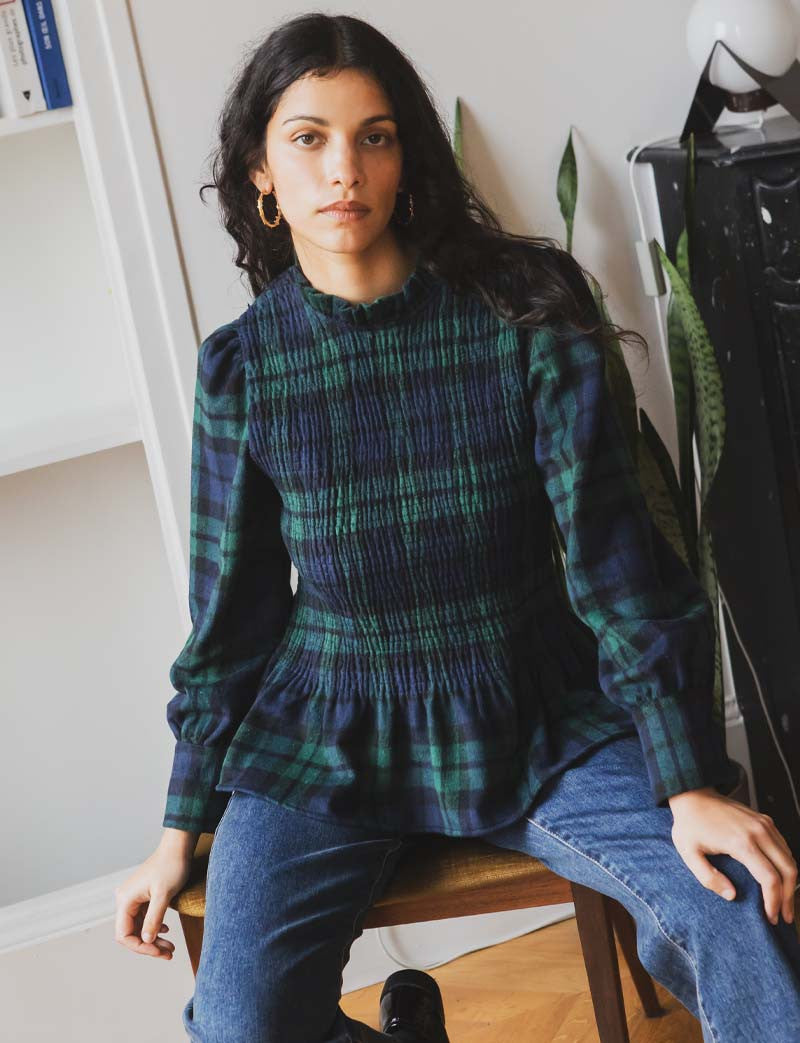 Blouse tartan marine & verte Belys