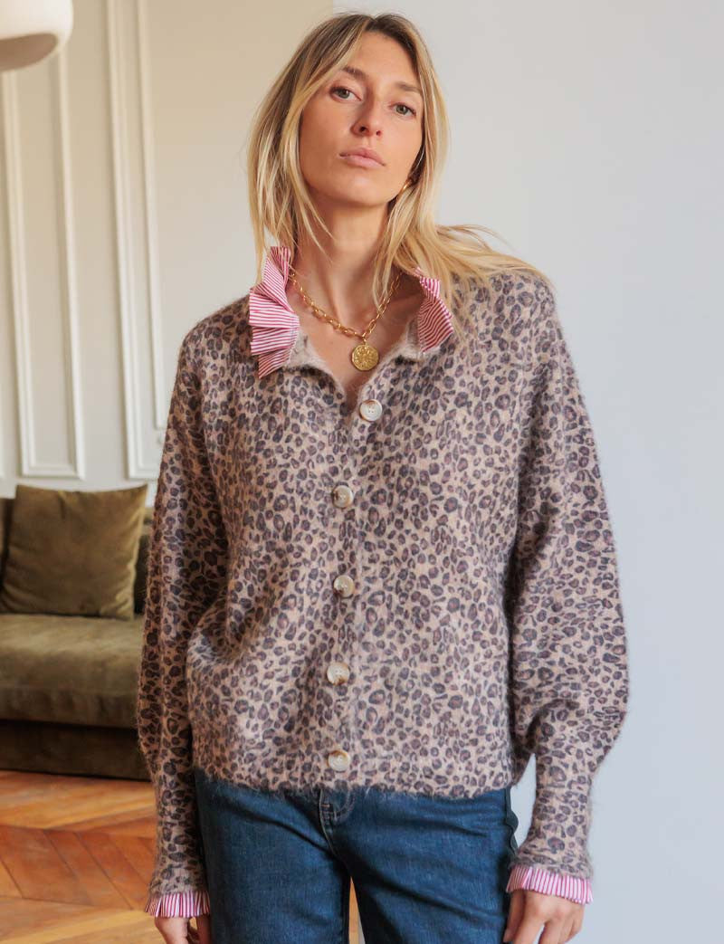 Cardigan léopard & rayures rouge Floran