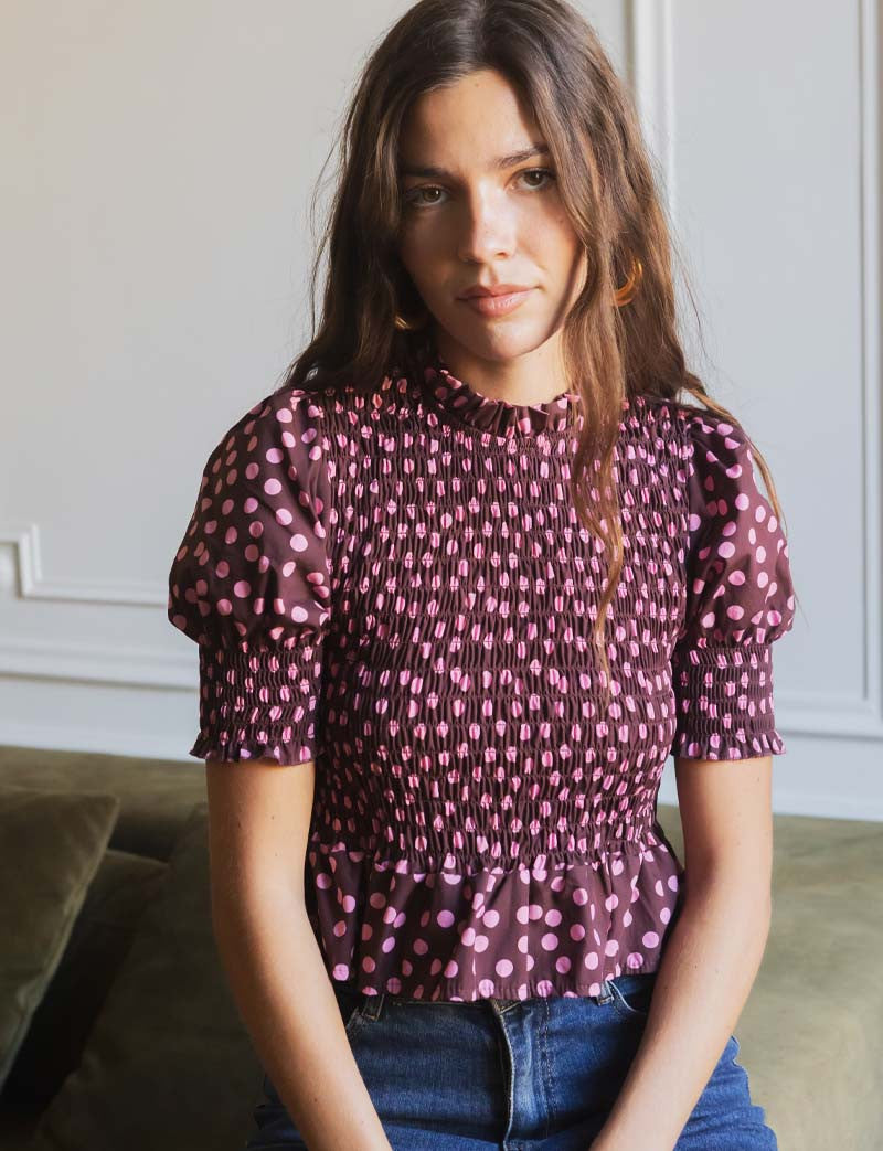 Top à pois bordeaux & rose Paloma
