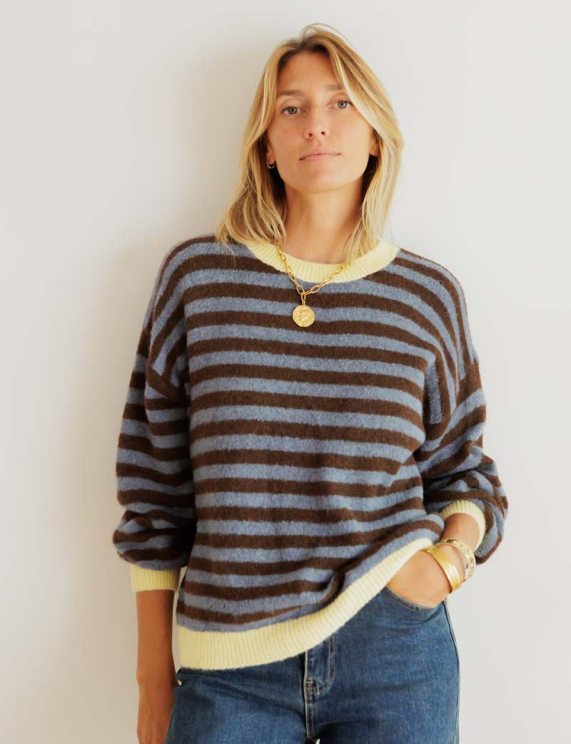 Pull choco, denim & jaune Mendi