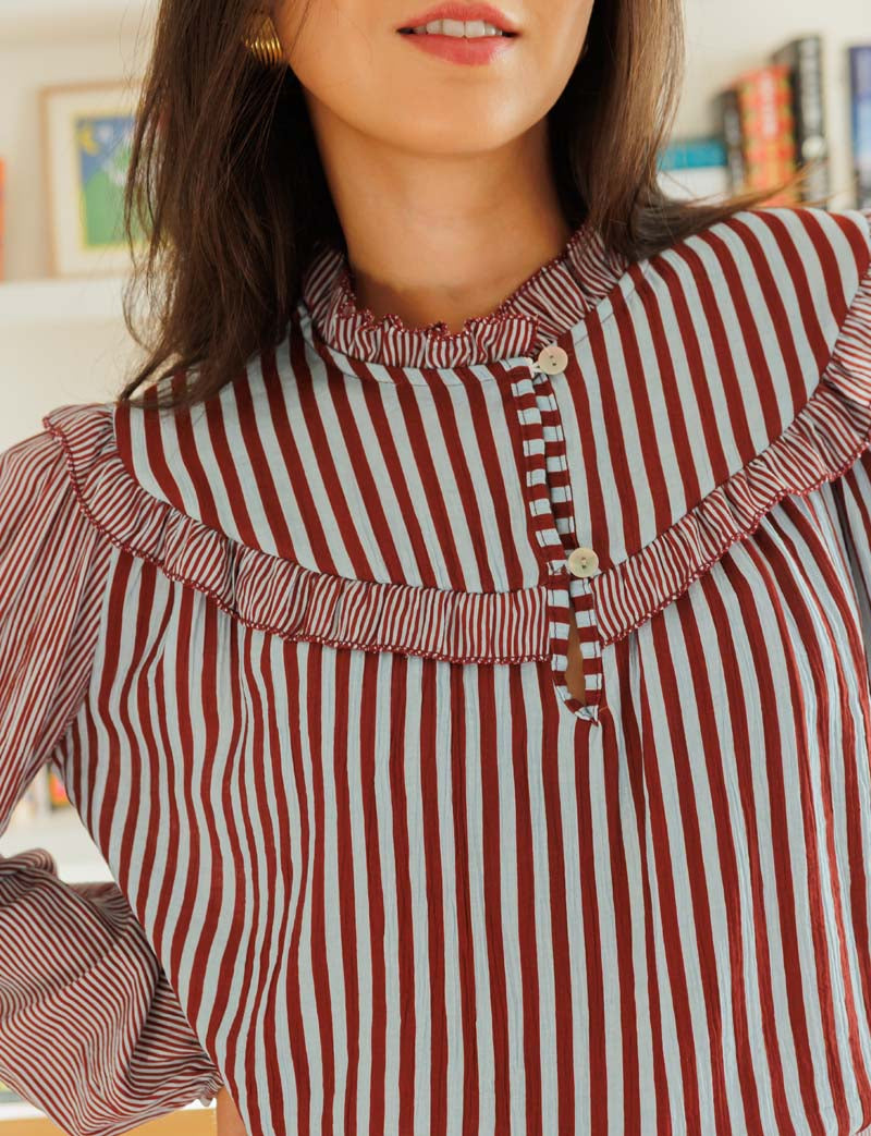 Manuela sky blue and burgundy striped blouse