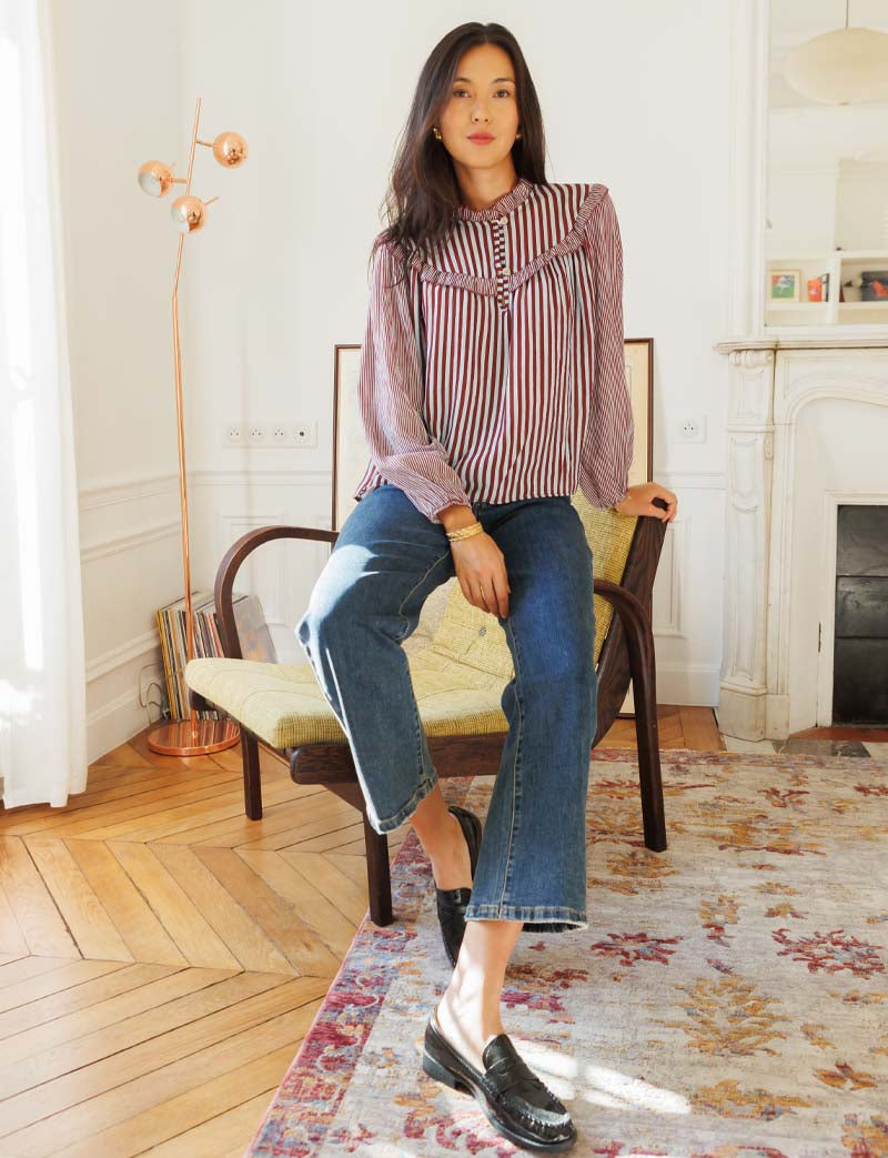 Manuela sky blue and burgundy striped blouse
