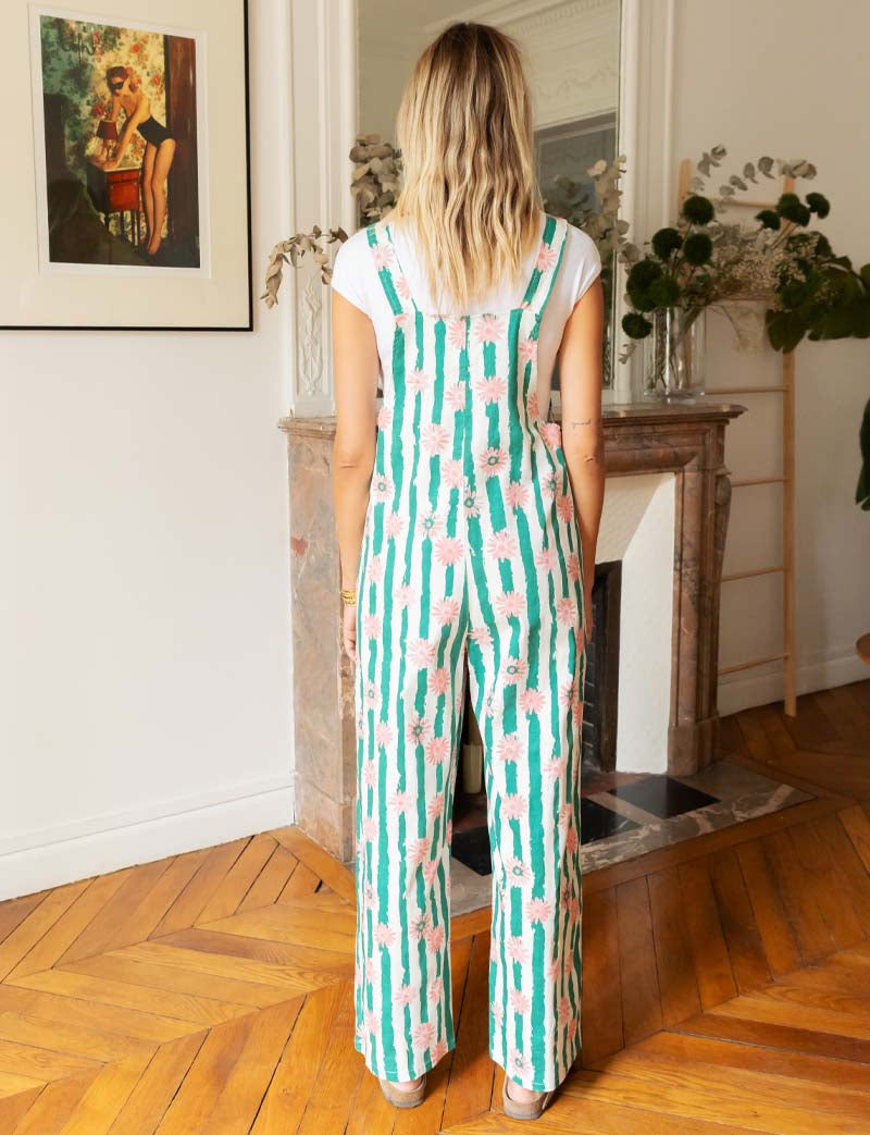 Green striped and pink flower Joey overalls