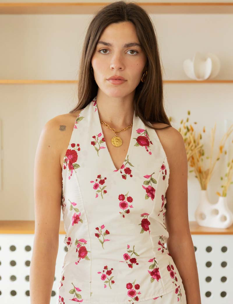 Ecru top & pink flowers Ona