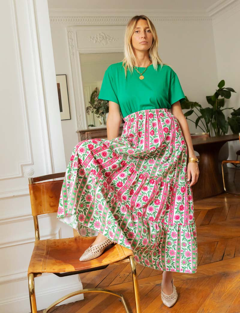 Jupe rose & verte fleurie Josy
