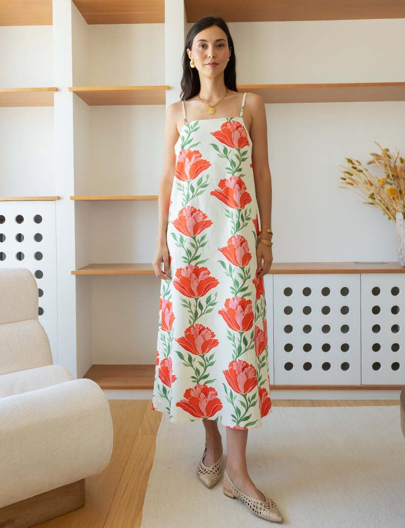 Robe écrue fleurs rouges Talia