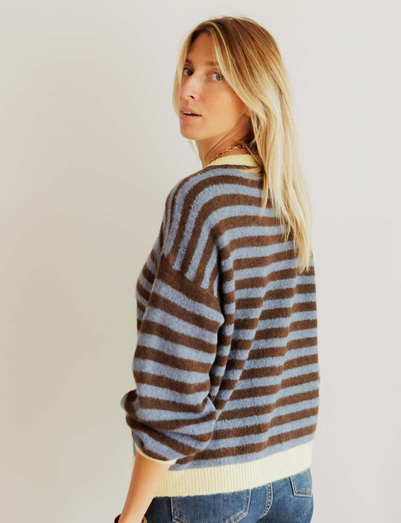 Pull choco, denim & jaune Mendi