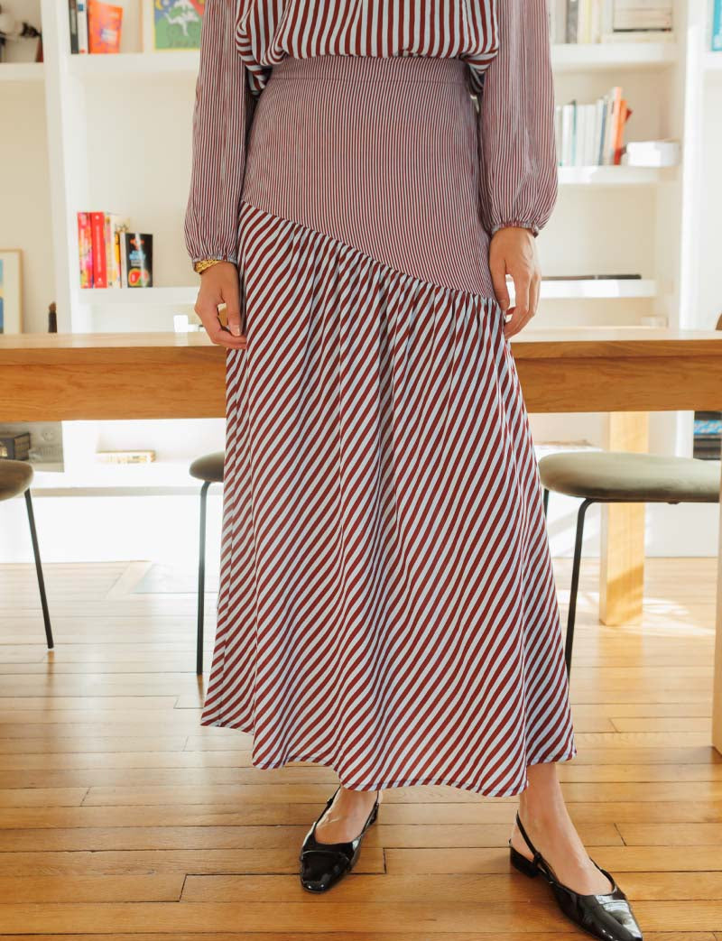 Marisol sky blue & burgundy striped skirt