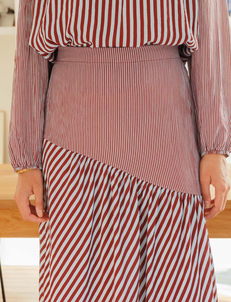 Marisol sky blue & burgundy striped skirt