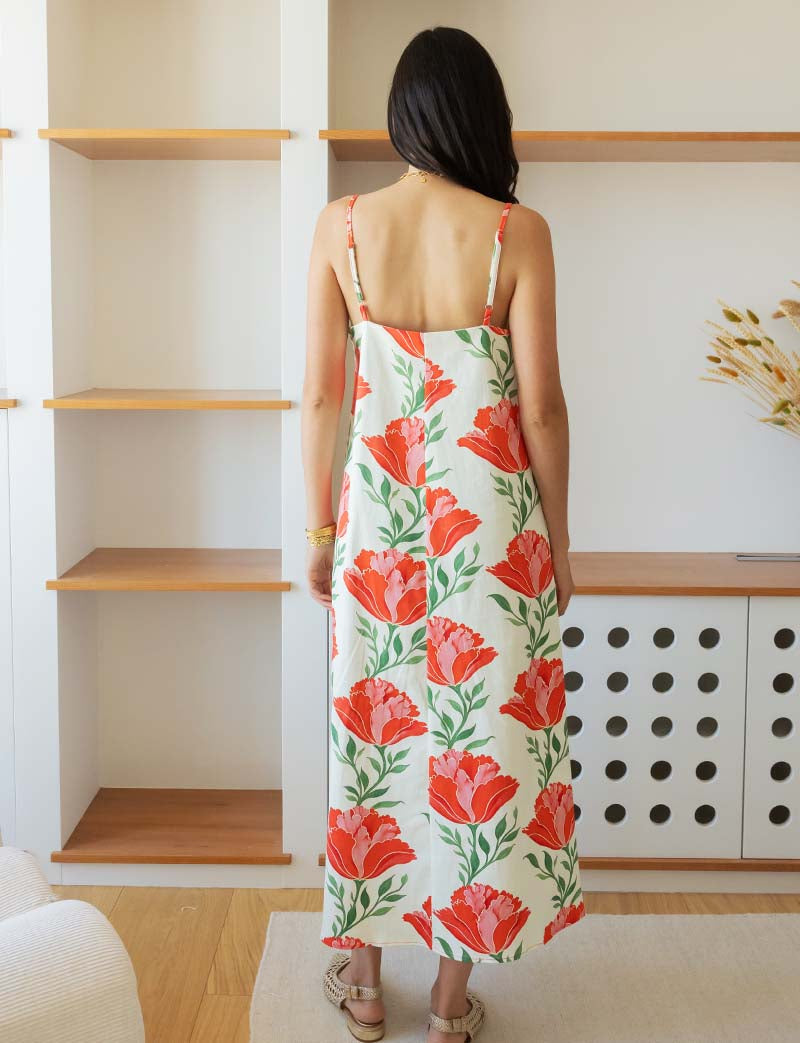 Robe écrue fleurs rouges Talia