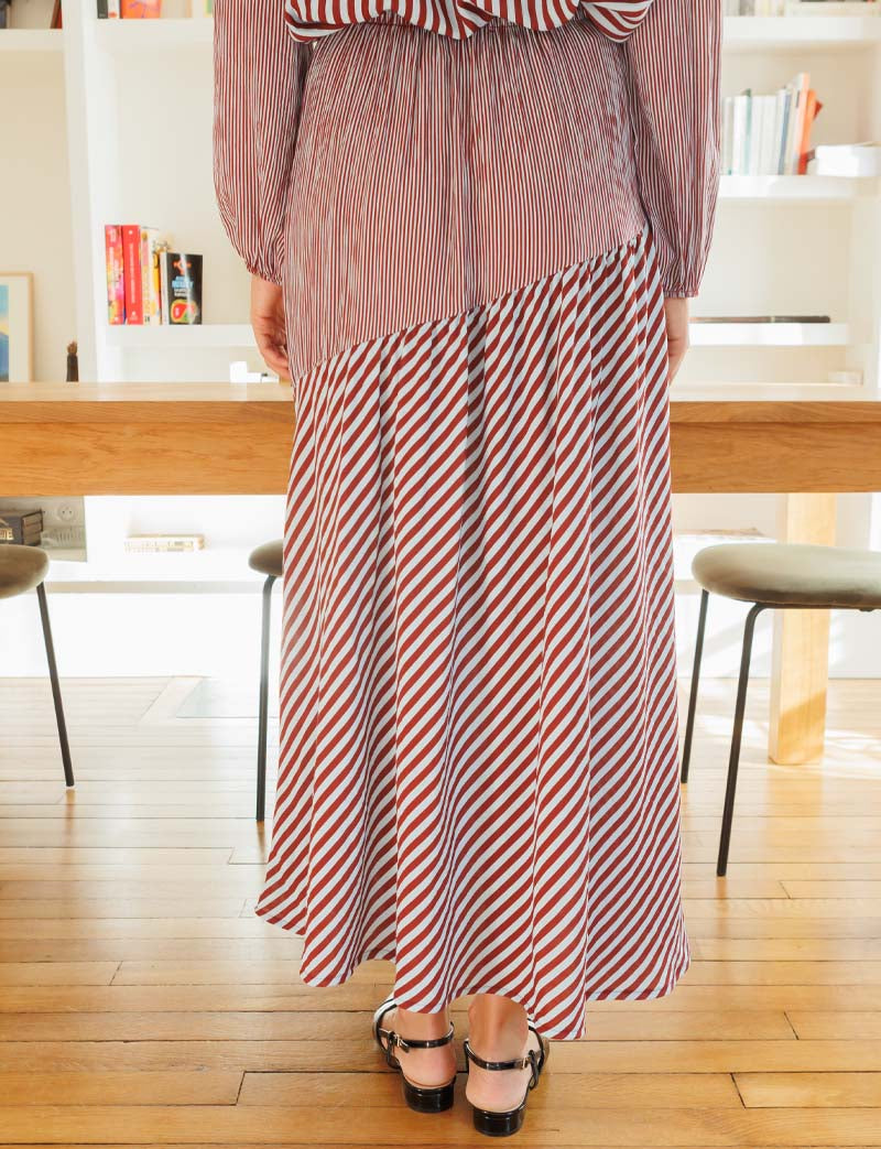Marisol sky blue & burgundy striped skirt