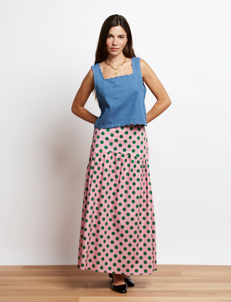 Pink skirt with green polka dots Maria