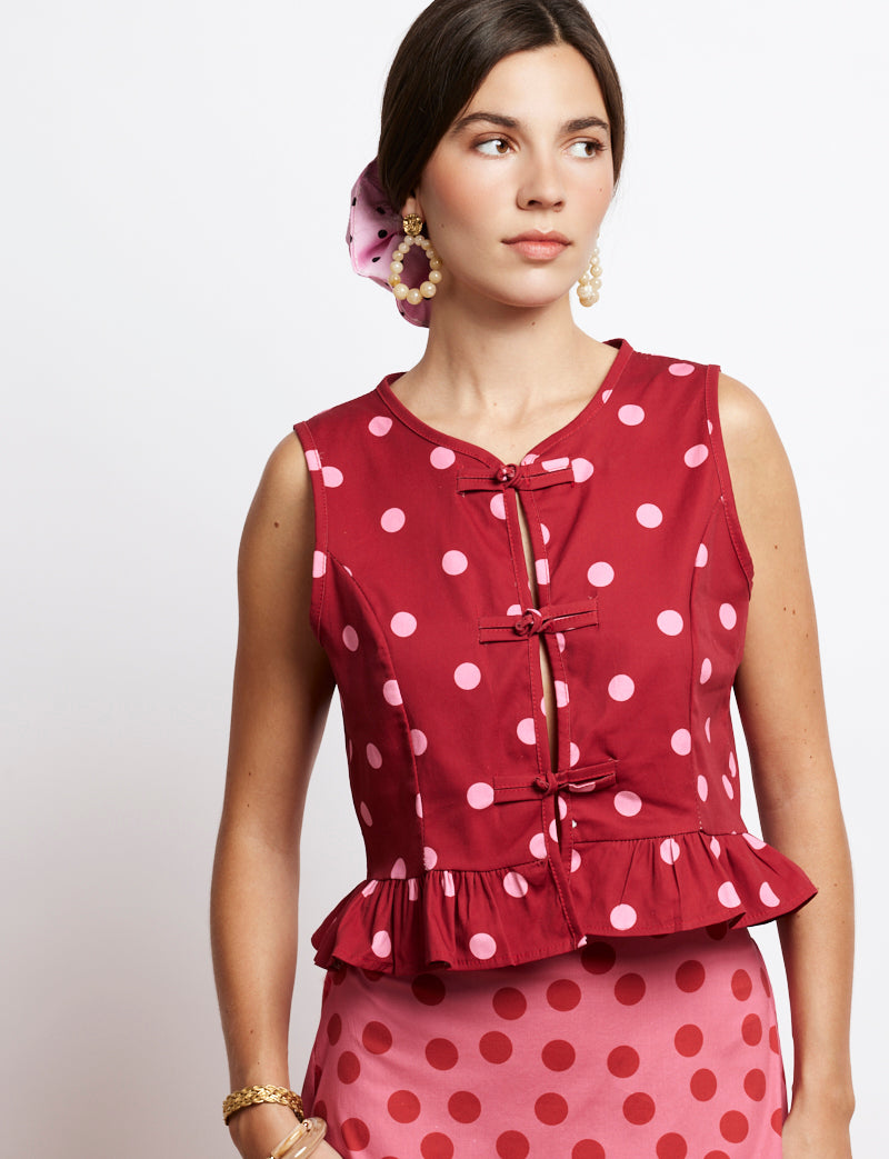 Top rouge à pois rose Luis