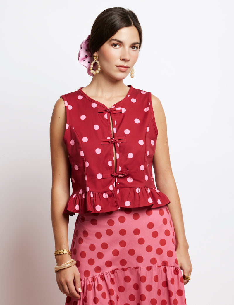 Top rouge à pois rose Luis
