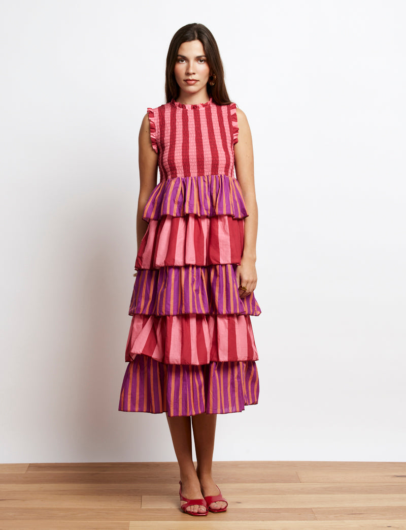 Vestido rosa y burdeos a rayas Martim
