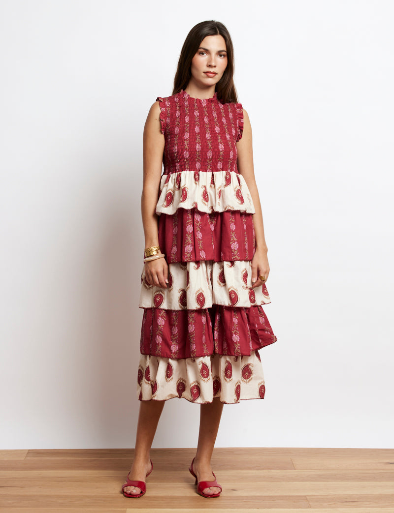 Robe bordeaux & écrue fleurie Martim